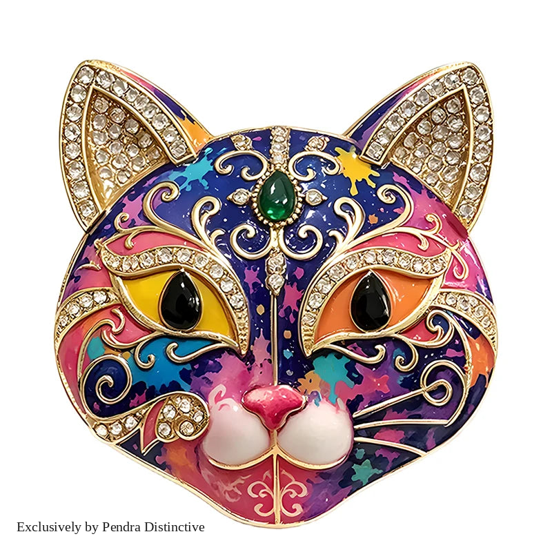 PENDRA Selene Enamel Rhinestone Cat Brooch