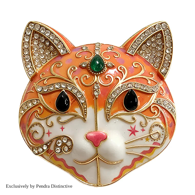PENDRA Selene Enamel Rhinestone Cat Brooch