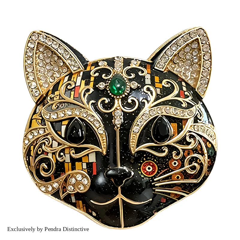 PENDRA Selene Enamel Rhinestone Cat Brooch