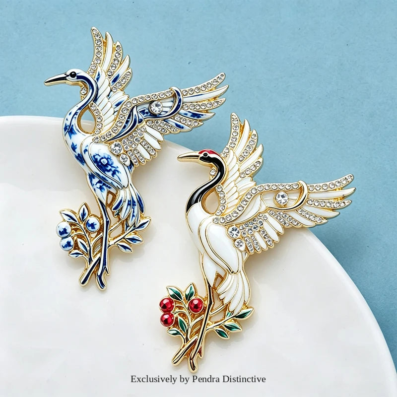 PENDRA Serene Crane Rhinestone Bird Brooch
