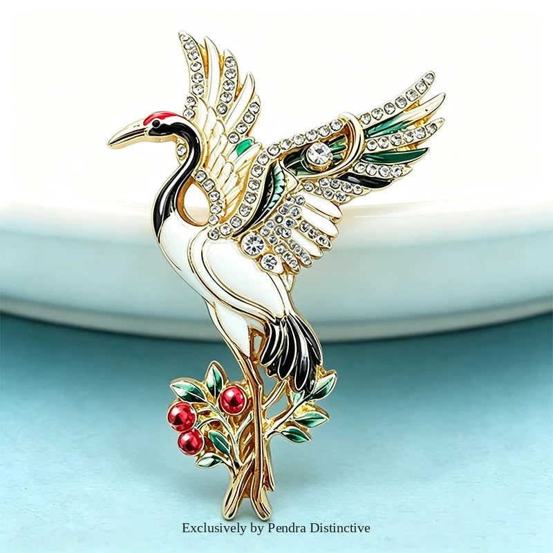 PENDRA Serene Crane Rhinestone Bird Brooch