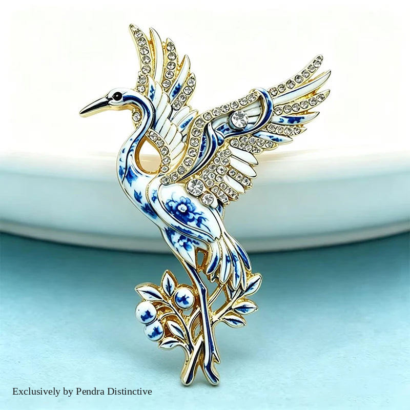 PENDRA Serene Crane Rhinestone Bird Brooch