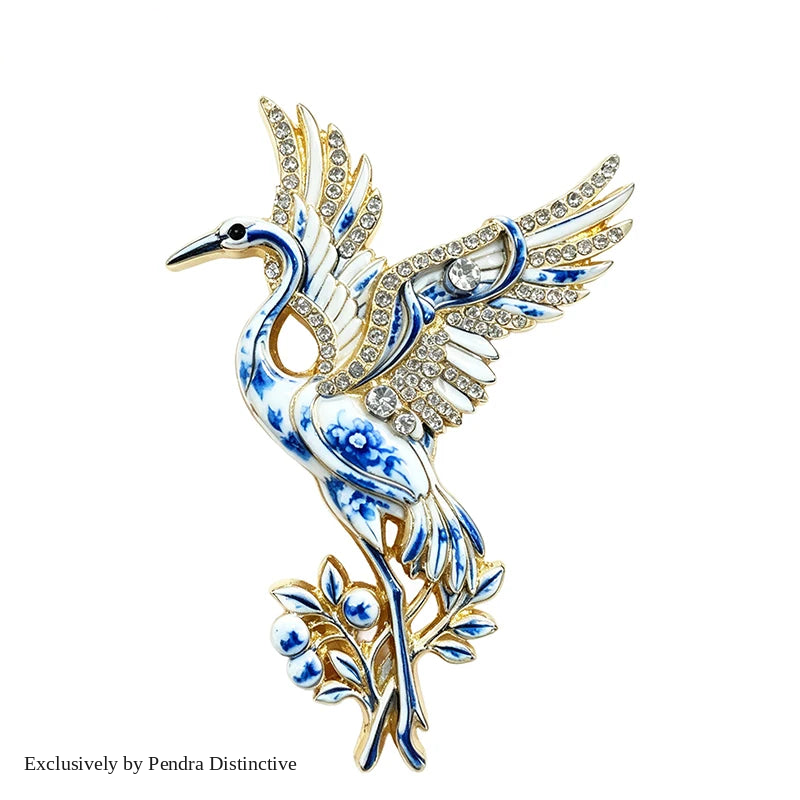 PENDRA Serene Crane Rhinestone Bird Brooch