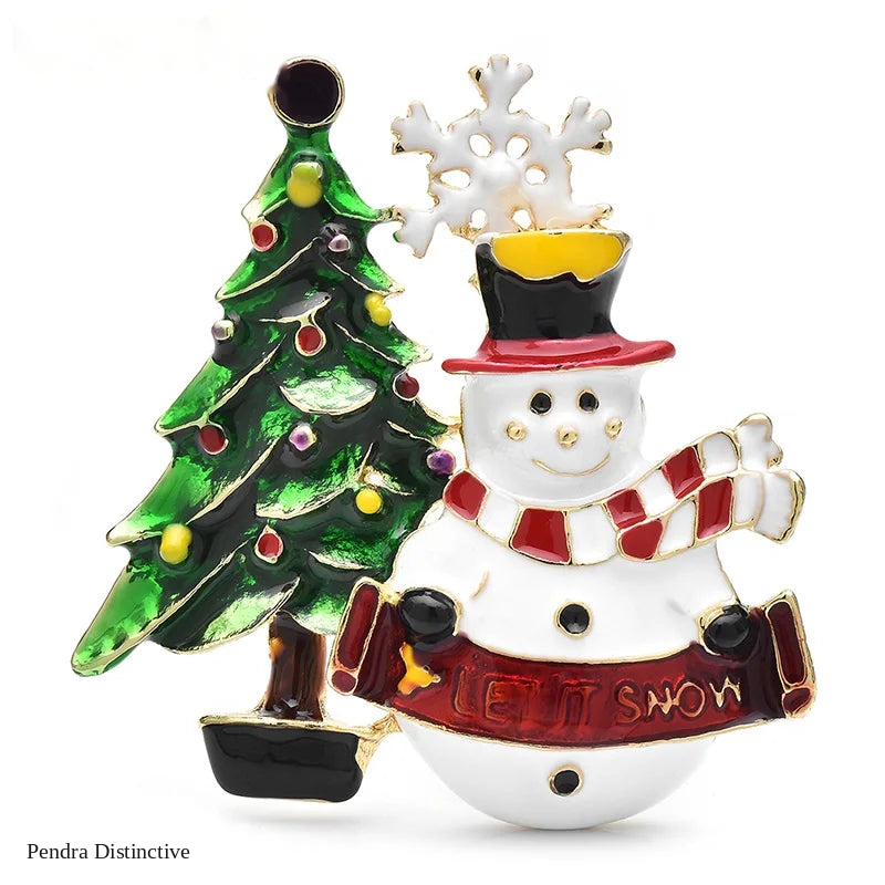 PENDRA Snowelle Enamel Snowman Tree Brooch