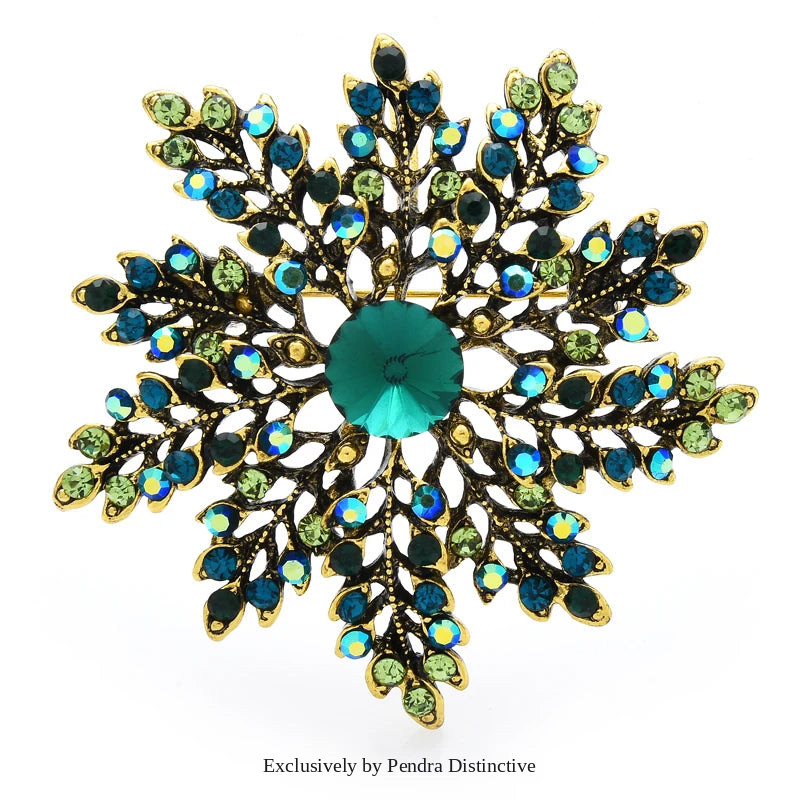 PENDRA Snowelle Green Rhinestone Snowflake Brooch