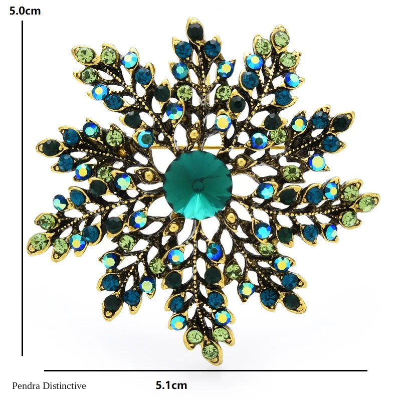 PENDRA Snowelle Green Rhinestone Snowflake Brooch