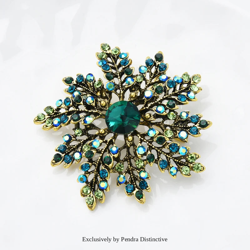 PENDRA Snowelle Green Rhinestone Snowflake Brooch