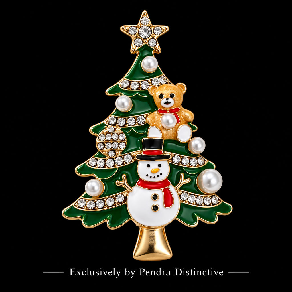 PENDRA Snowman Rhinestone Enamel Christmas Tree Brooch