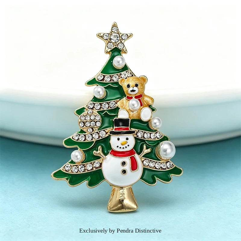 PENDRA Snowman Rhinestone Enamel Christmas Tree Brooch