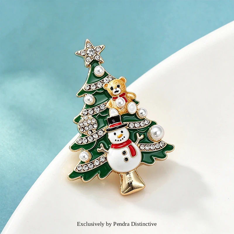 PENDRA Snowman Rhinestone Enamel Christmas Tree Brooch