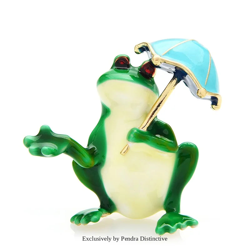 PENDRA Taking Umbrella Frog Brooch