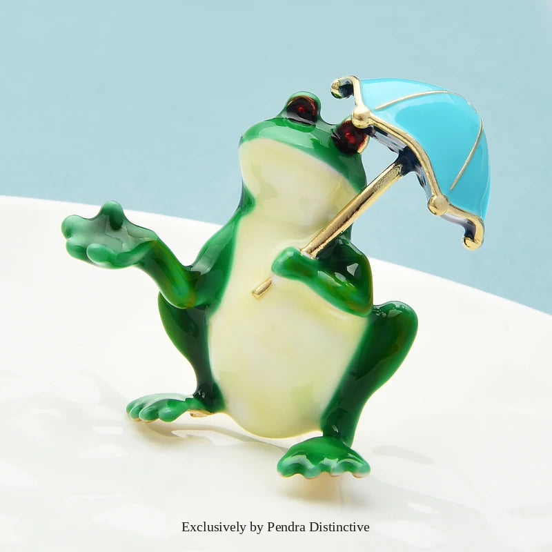 PENDRA Taking Umbrella Frog Brooch