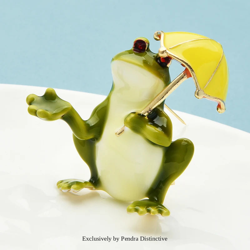 PENDRA Taking Umbrella Frog Brooch