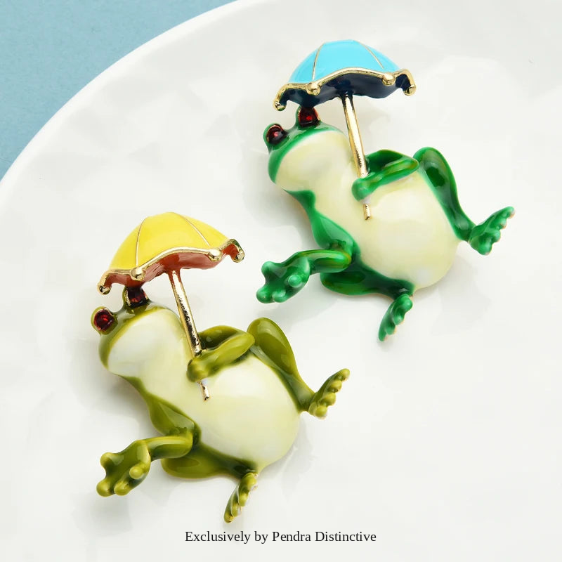 PENDRA Taking Umbrella Frog Brooch