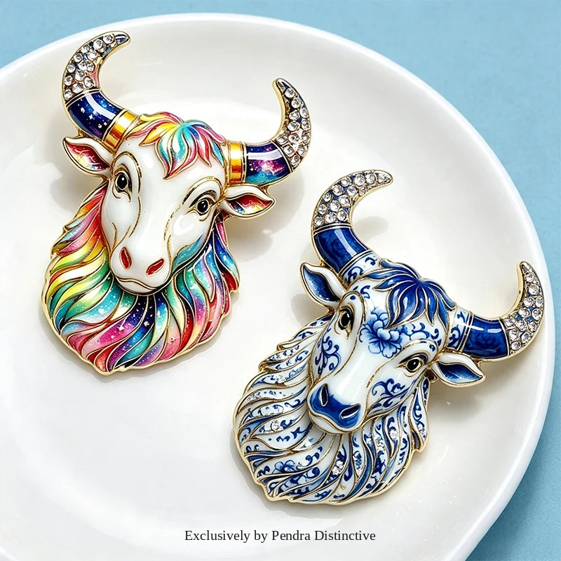 PENDRA Taurus Crest Rhinestone Bull Brooch