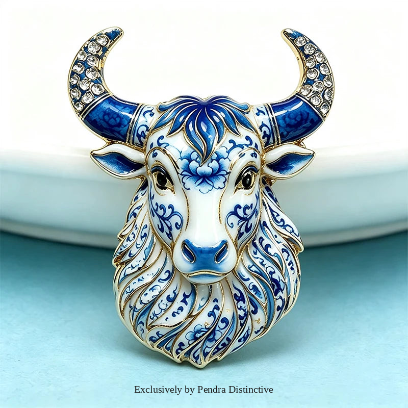 PENDRA Taurus Crest Rhinestone Bull Brooch