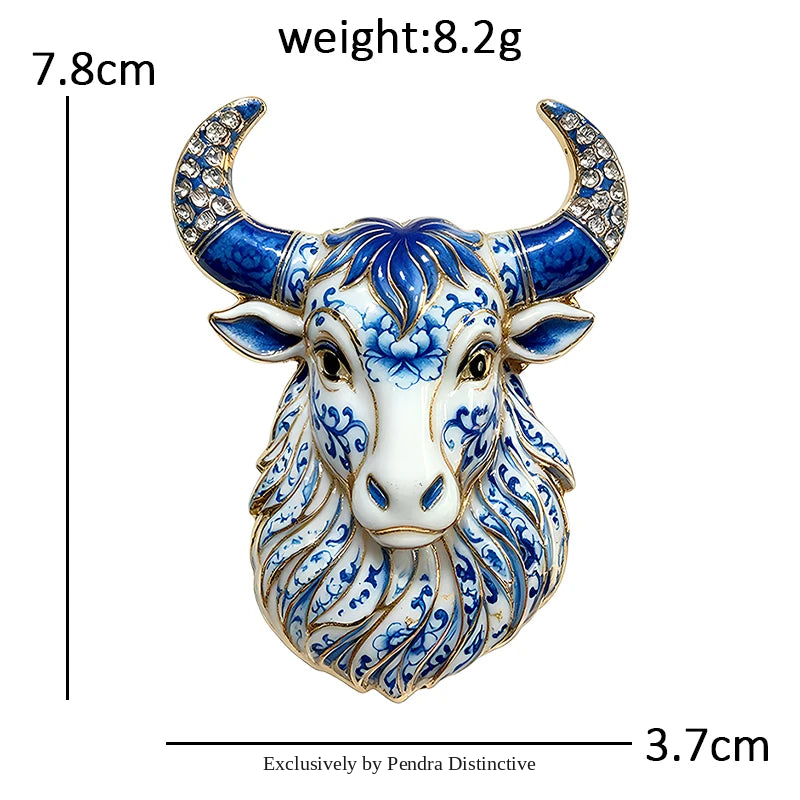 PENDRA Taurus Crest Rhinestone Bull Brooch