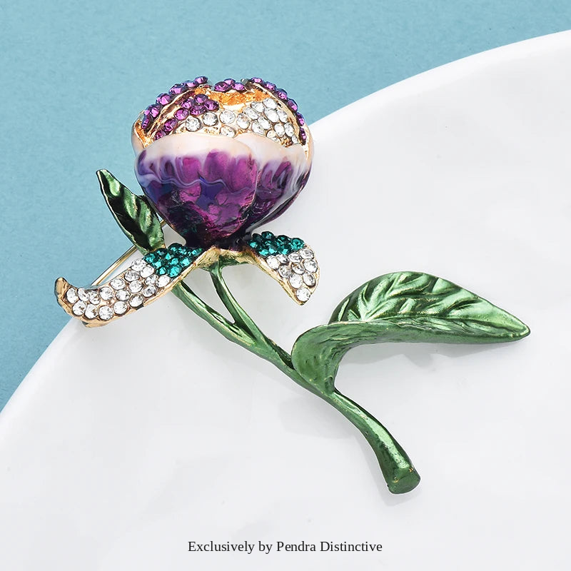PENDRA Tulipelle Purple Enamel Tulip and Green Leaf Brooch