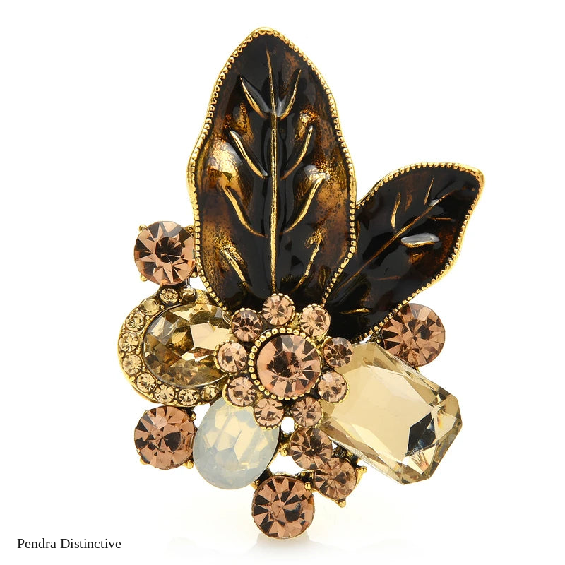 PENDRA Verdelle Green-Brown Rhinestone Flower Brooch
