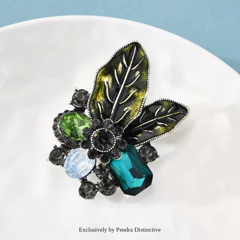 PENDRA Verdelle Green-Brown Rhinestone Flower Brooch