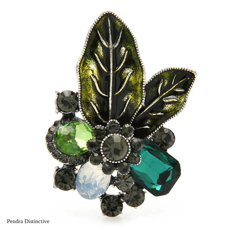 PENDRA Verdelle Green-Brown Rhinestone Flower Brooch