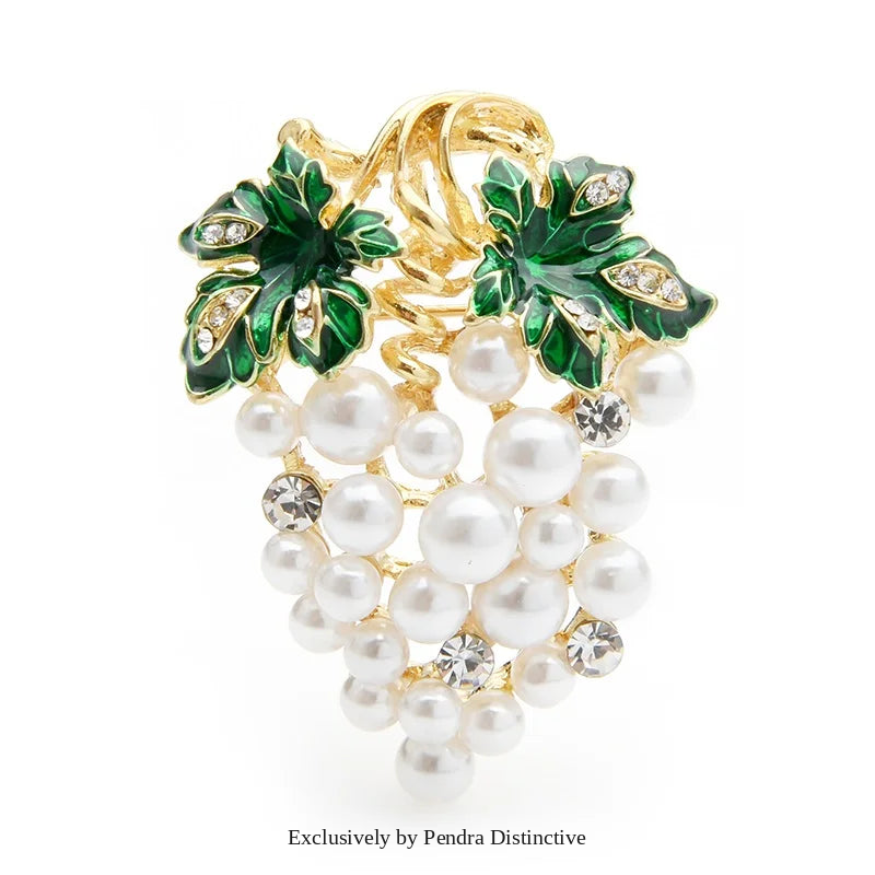 PENDRA Vinetta Full-White-Pearl Enamel Grape Brooch