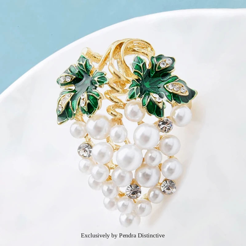 PENDRA Vinetta Full-White-Pearl Enamel Grape Brooch
