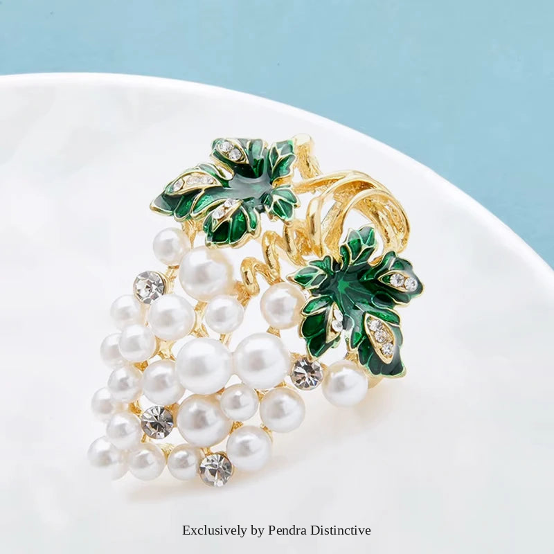 PENDRA Vinetta Full-White-Pearl Enamel Grape Brooch