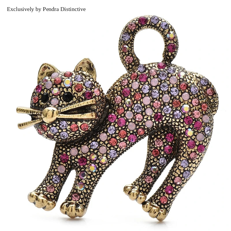 PENDRA Vintage Rhinestone Cat Brooch
