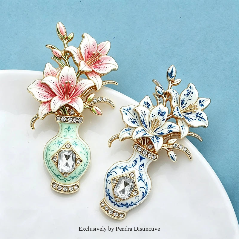 PENDRA Violetta 2-Color Enamel Rhinestone Lily Vase Brooch