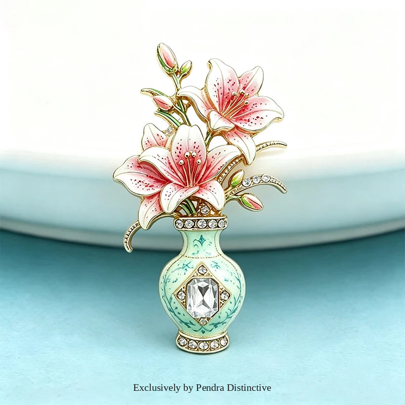 PENDRA Violetta 2-Color Enamel Rhinestone Lily Vase Brooch
