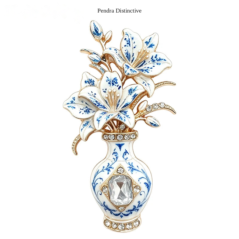 PENDRA Violetta 2-Color Enamel Rhinestone Lily Vase Brooch