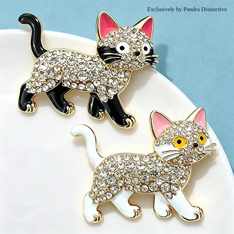 PENDRA Walking Kitty Enamel Rhinestone Cat Brooch