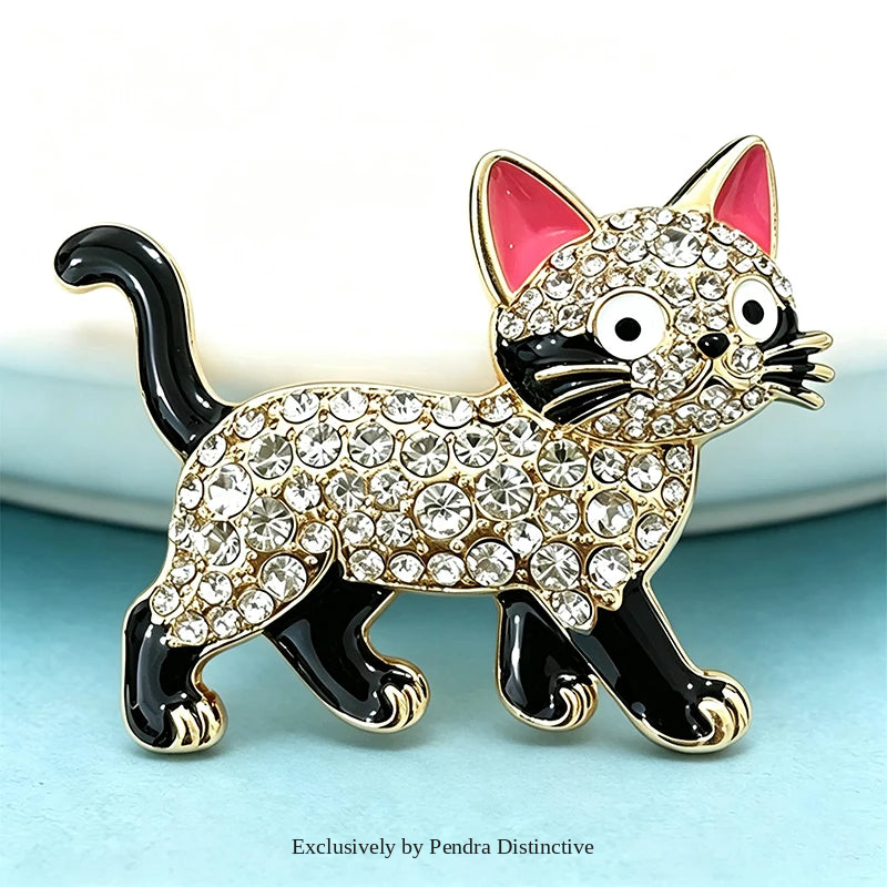 PENDRA Walking Kitty Enamel Rhinestone Cat Brooch