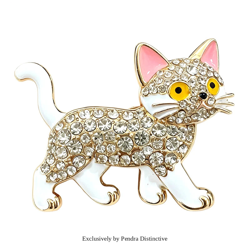 PENDRA Walking Kitty Enamel Rhinestone Cat Brooch