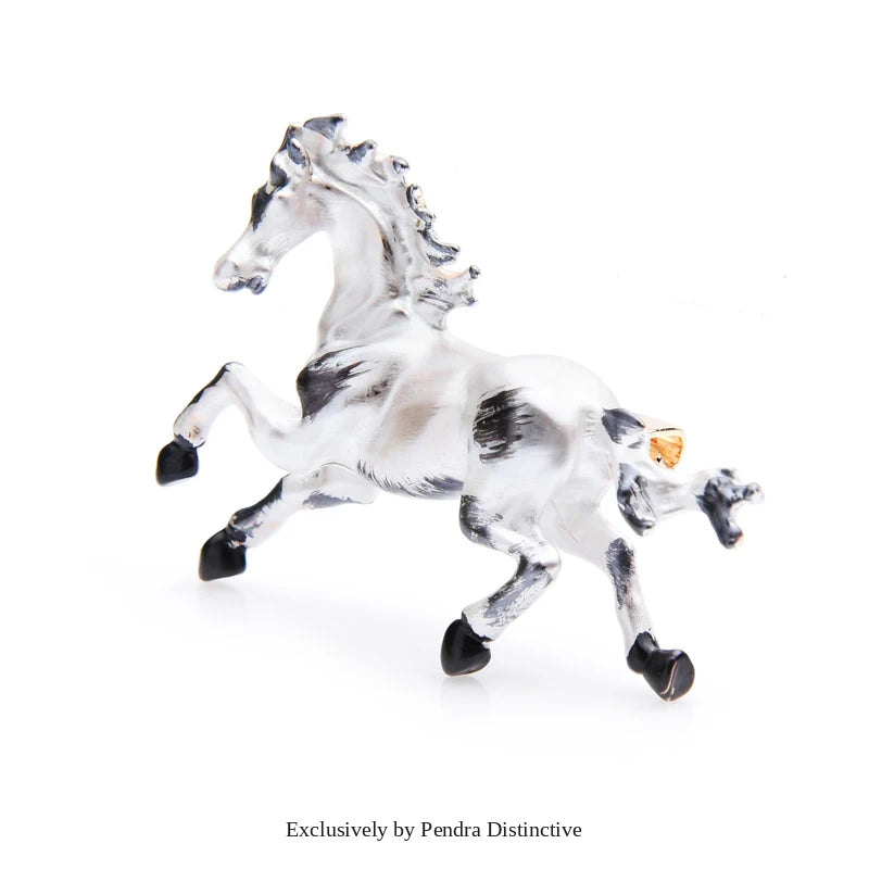 PENDRA White Black Enamel Horse Brooch