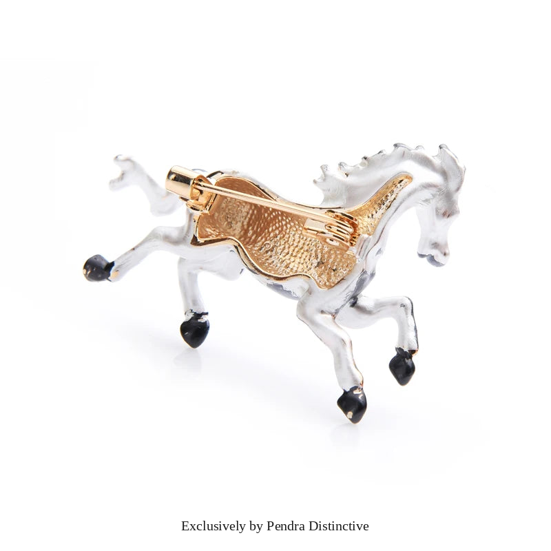 PENDRA White Black Enamel Horse Brooch