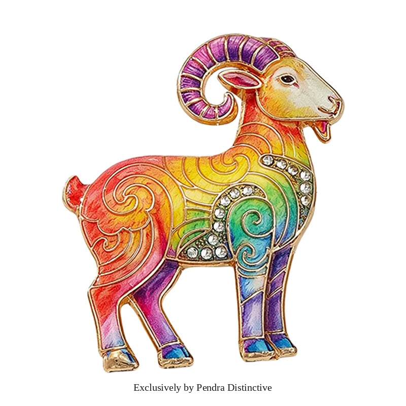 PENDRA Zodiac Goat Multicolor Rhinestone Brooch