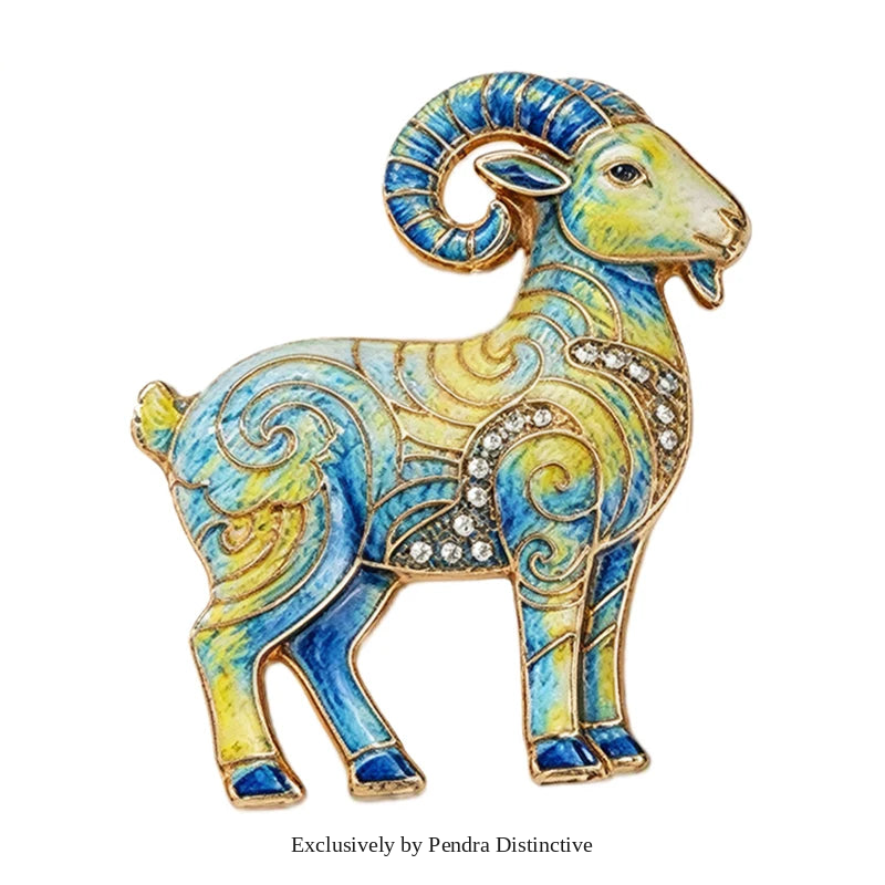 PENDRA Zodiac Goat Multicolor Rhinestone Brooch