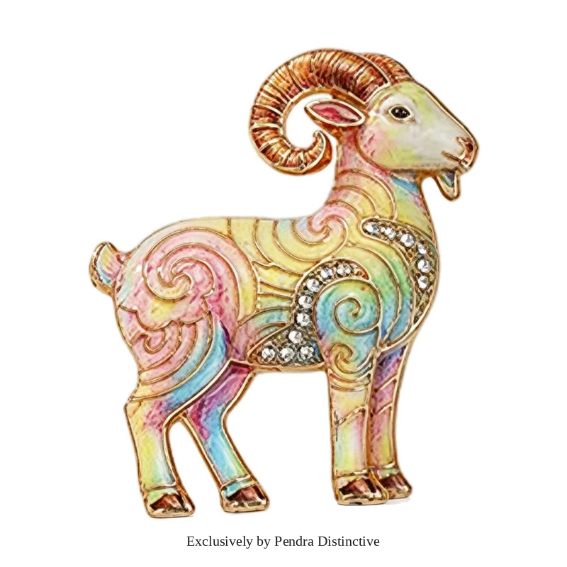 PENDRA Zodiac Goat Multicolor Rhinestone Brooch