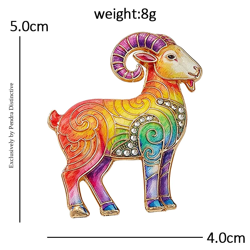 PENDRA Zodiac Goat Multicolor Rhinestone Brooch